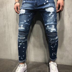 Men's Slim Feet Jeans Hole Tide Knee Pleats Men's Motorcycle Jeans