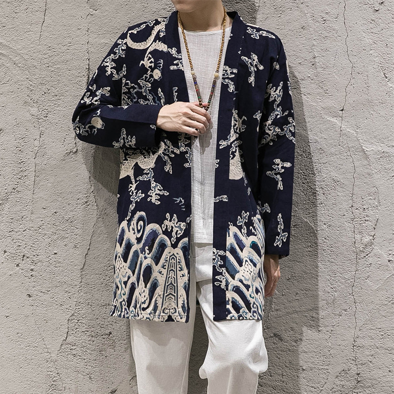 New autumn windbreaker men's long section Korean version of the buckleless cloak jacket male Chinese style cotton and linen - Image 3