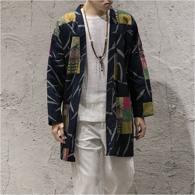 New autumn windbreaker men's long section Korean version of the buckleless cloak jacket male Chinese style cotton and linen - Image 5